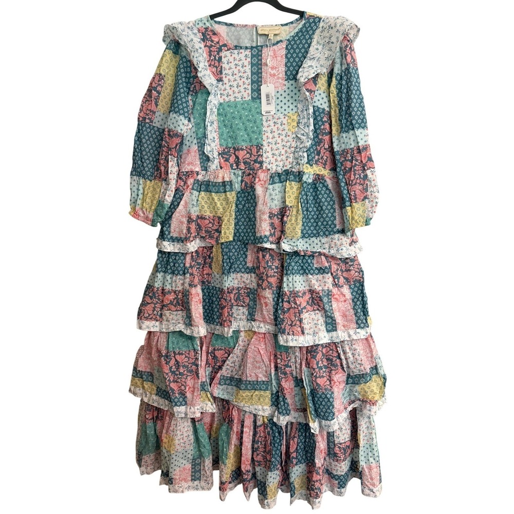 Simply Southern Patchwork Maxi Dress Large Pink Boho, Cottage, Floral, Tiered‎